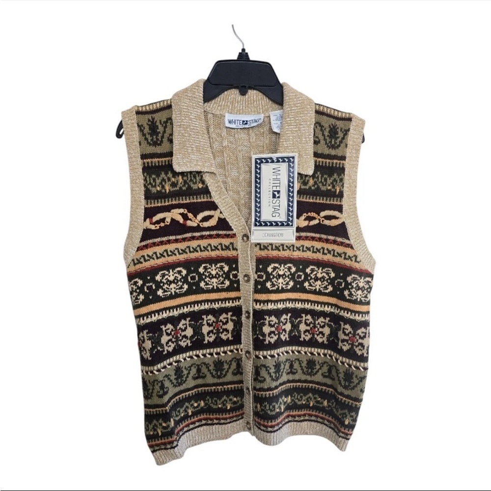 VTG White Stag Sweater Vest Women L Button Up Collared Nordic Boho Artsy New